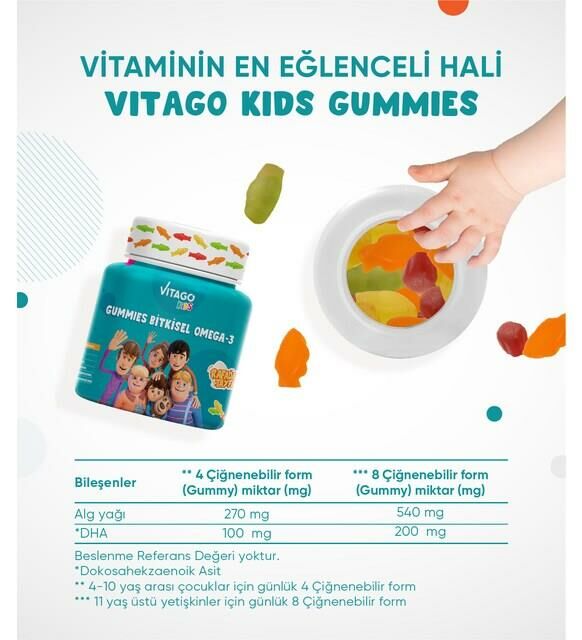 Vitago Kids Gummies Bitkisel Omega-3 İçeren Çiğnenebilir Form - 60 Adet Gummy 8683242261174
