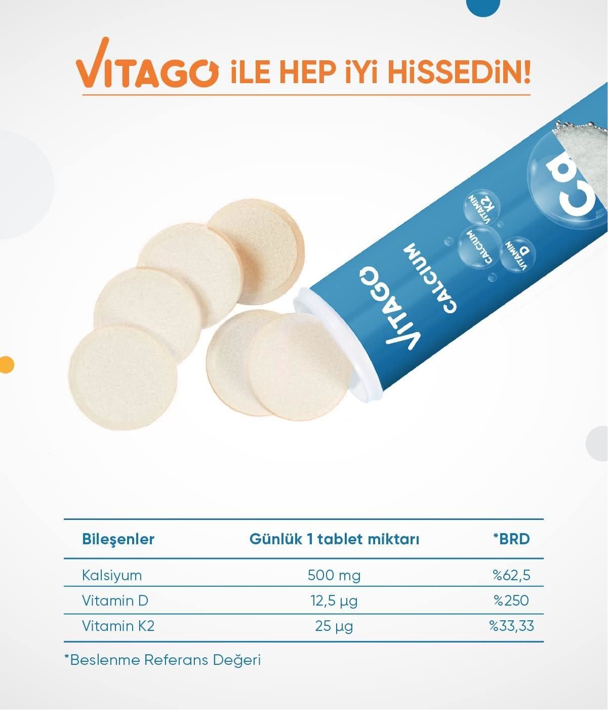 Vitago Kalsiyum Vitamin D Vitamin K2 İçeren Efervesan Tablet 20'li 8682960479151