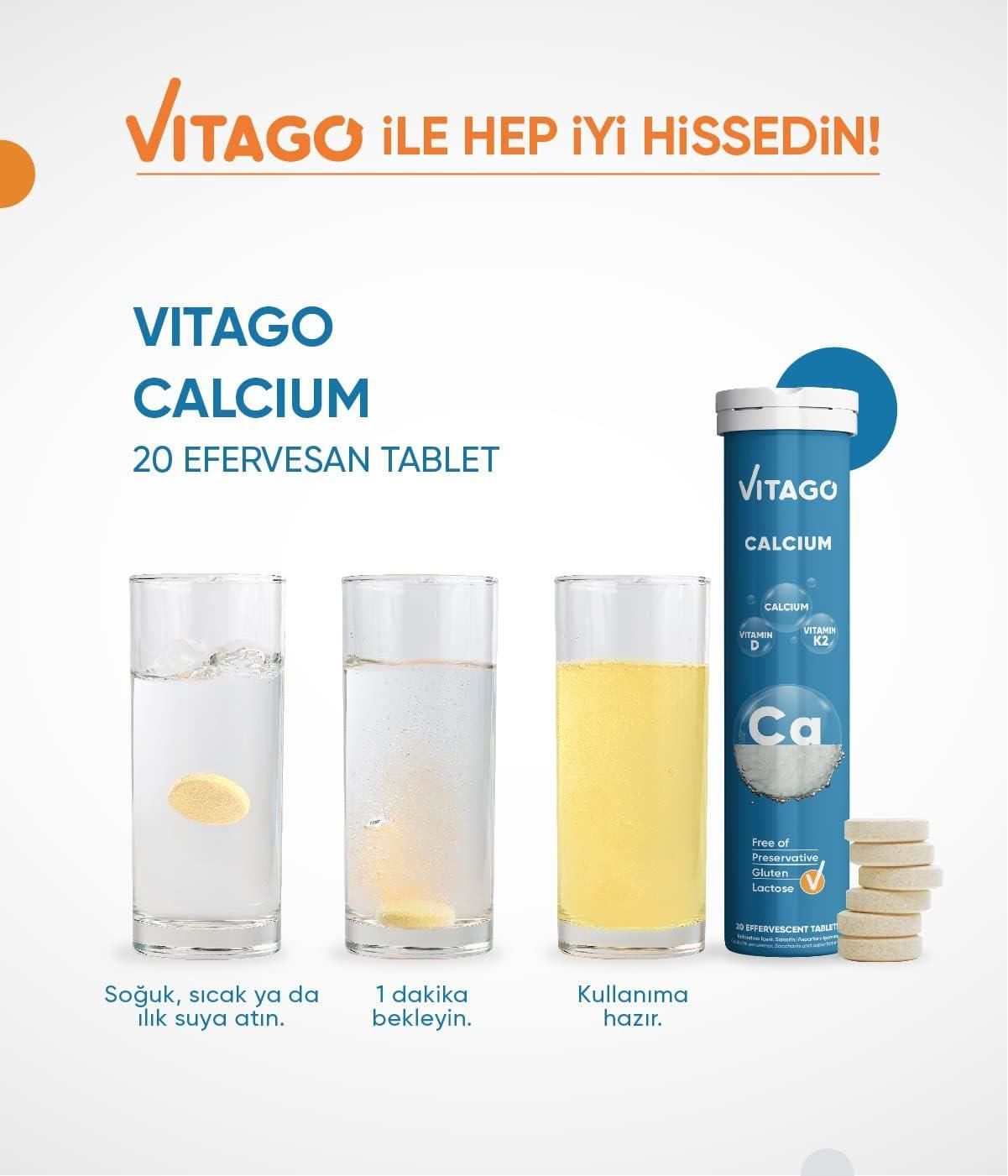 Vitago Kalsiyum Vitamin D Vitamin K2 İçeren Efervesan Tablet 20'li 8682960479151