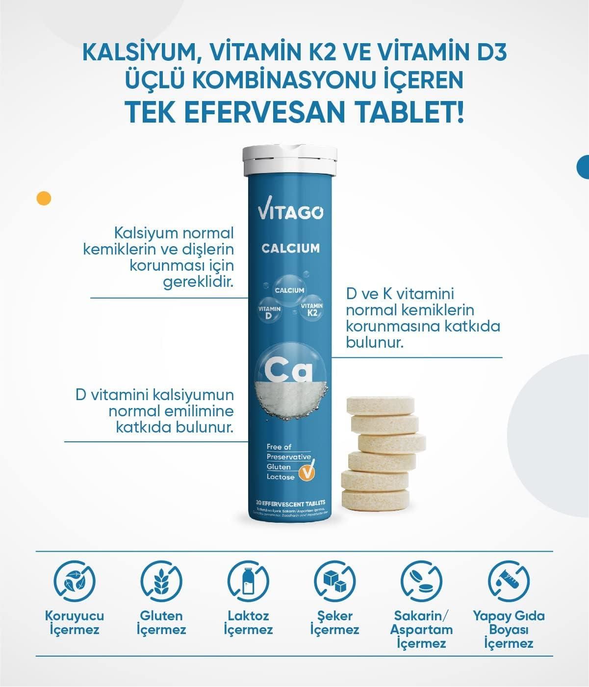 Vitago Kalsiyum Vitamin D Vitamin K2 İçeren Efervesan Tablet 20'li 8682960479151