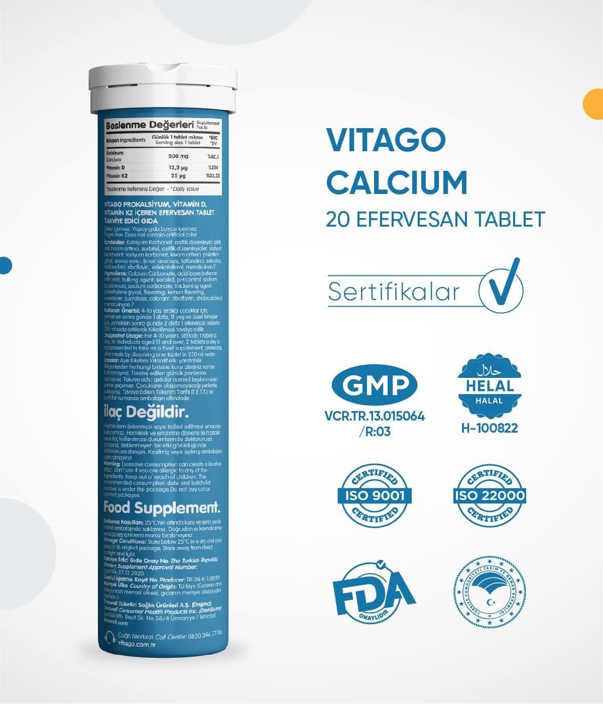 Vitago Kalsiyum Vitamin D Vitamin K2 İçeren Efervesan Tablet 20'li 8682960479151