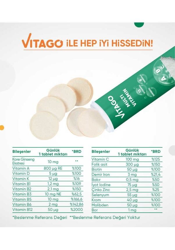 Vitago Multivitamin Multimineral İçeren Efervesan Tablet 20'li 8682960479076