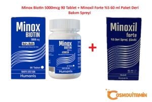 Minox Biotin 5000mcg 90 Tablet + Minoxil Forte %5 60 ml Paket Deri Bakım Spreyi